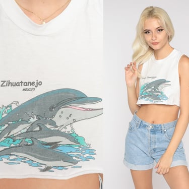 Mexico Crop Top Y2K Dolphin Shirt Ixtapa Zihuatanejo Cropped Tank Top Tropical Graphic Tee Ocean Beach Summer 00s White Vintage 00s Small S 