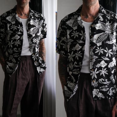 Vintage 90s POLO Ralph Lauren Black & Ivory Classic Fit Hawaiian Loop Camp Collar Shirt | 100% Viscose | 1990s RL POLO Designer Aloha Shirt 