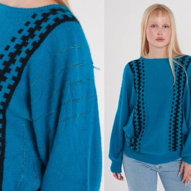 Blue Sweater 80s Metallic Knit Pullover Sweater Sparkly Balloon Poet Sleeve Black Checkered Print Jumper Retro Cozy Vintage 1980s 2xl xxl 