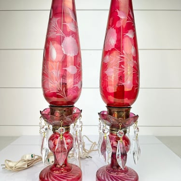 Vintage Pair Red Cranberry Glass Cut to Clear Electric Lamps Bohemian Hurricane 17" 