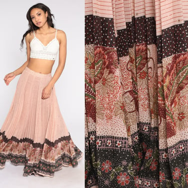 70s Maxi Skirt Semi-Sheer Floral Maxi Skirt Boho Blush Pink Hippie Pleated Skirt Bohemian Retro Summer Festival Vintage 1970s Medium M 