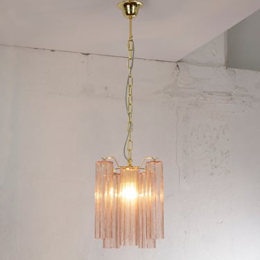 Lampada sospensione Made in Italy Tronchi in vetro rosa di Murano classico del design vintage, lampadario diametro 24 cm 