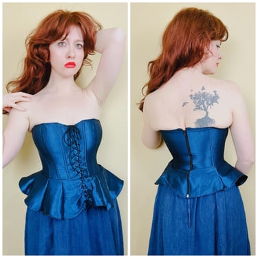 1990s Vintage Blue Metallic Taffeta Bustier / 90s Peplum Waist Lace Up Corset / Small / 32 