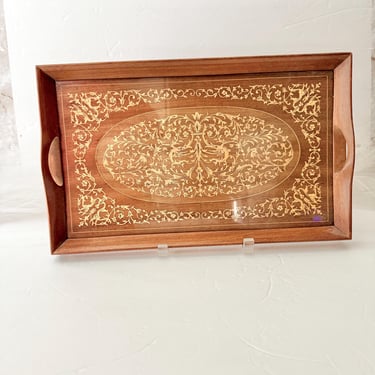 Ornate Inlaid Wood Tray, Italy, Glass Top, Dresser Tray, Tea Tray, Vintage Decor 