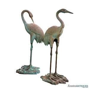 Traditional Cast Iron Verdigris Outdoor Garden Crane Bird Sculpture - A Pair