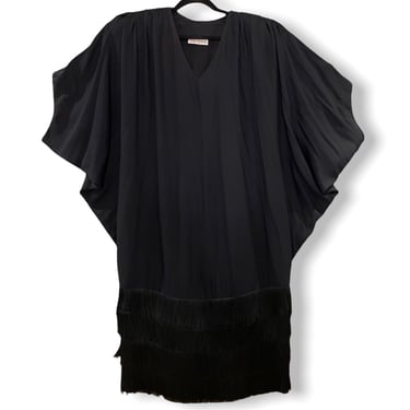 Vintage Black Plus Size Fringe Dress with Batwing Sleeves Size XL 14 