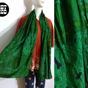 Huge Vintage Green Geometric Southwestern Style Long Flowy Scarf 