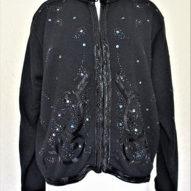 Vintage 1990s Liz Claiborne Collection Cardigan Sweater, black lambswool blend, beaded & sequined, Large Women 