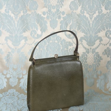 Vintage 1950s Town and Country Olive Green Lizard Embossed Structured Handbag with Top Handle and Gold Tone Hardware 
