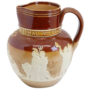 1887 Small English Lambeth Stoneware. Two Tone Brown Pottery Queen Victoria Jubilee Milk, Cream Pitcher. Creamer. 