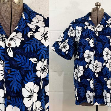 Vintage Hawaiian Shirt RJC Button Up Hawaii Summer Short Sleeve Hibiscus Resortware Cruise Vacation Beach Cabanaware Blue White Large XL 