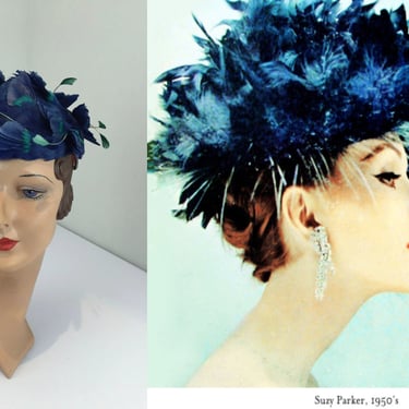 Her Head Took Flight - Vintage 1950s Royal Blue & Teal Feathered Dome Bibi Hat w/Combs 