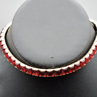 70's rhinestone gold plate gothic choker, edgy square red rhinestones round clear crystals bling necklace 