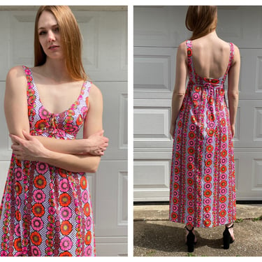1960s Sexy Maxi Dress / Corset Bust / Resort Beachwear / Neon Orange Pink Psychedelic Print / Open Back Summer Dress 