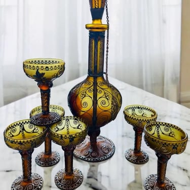 RARE! Vintage Amber Glass Decanter Set with Filigree Silver Overlay, Stopper & 6 Glasses 