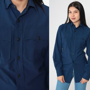 Vintage 70s Navy Blue Work Shirt Wool Blend Long Sleeve Button-Up Utility Shirt Chest Pocket Workwear Shirt 80s Men's 13 1/2 32 xs 
