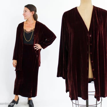 1990s Brown Velvet Skirt & Jacket Set | 90s Dark Brown Velvet Maxi Set | Eileen Fisher | Large 