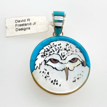 David R Freeland Jr Artisan Multi Stone Inlay Snowy Owl Pendant Sterling Silver 