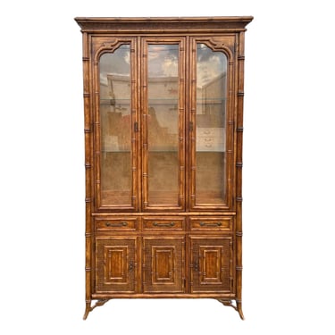 Vintage Faux Bamboo China Cabinet by Stanley - Illuminated Chinoiserie Style Glass Wood Wicker Rattan Hollywood Regency Lighted Display Case 