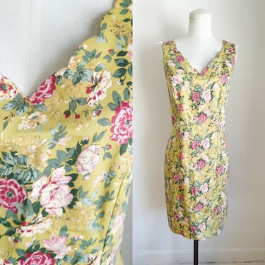 Vintage 1980s Laura Ashley Chartreuse Yellow Floral Dress / M 