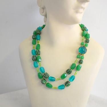 1960s West German Green Plastic Two Strand Bead Necklace 