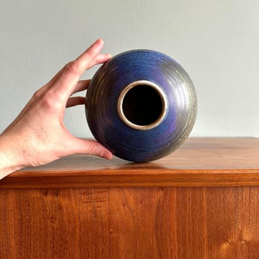 Vintage round vase in the style of Vivika and Otto Heino / handmade signed ceramic vase glaze in blues and greens 