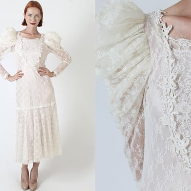 Victorian Sheer Lace Wedding Dress, Cachet Dress by Bari Protas, Designer Avant Garde Gown, Drop Waist Size 7 8 