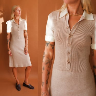 Vintage 60s Knit Dress/ 1960s Goldworm Short Sleeve Beige and White Dress/ Size Small 