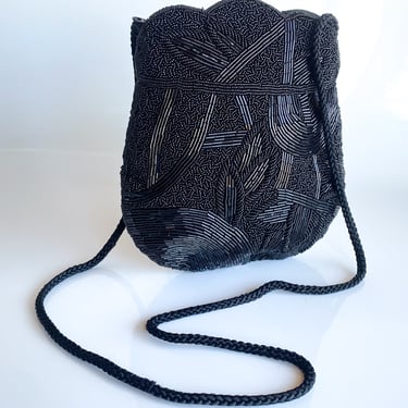 1980s Black Beaded Abstract Shoulder Bag