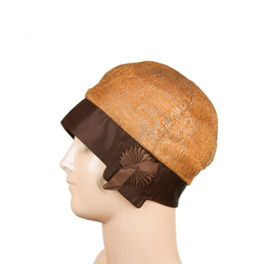 1920s Cloche Hat ~ Gold Lamé Orange and Brown Ribbon Embellished Hat 