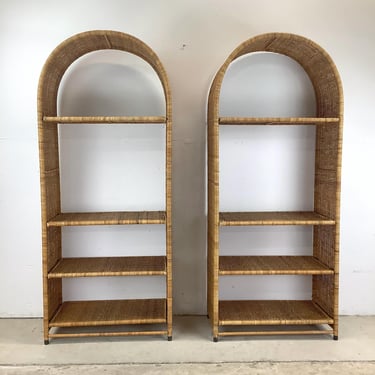 Pair Vintage Arched Wicker Bookcases 