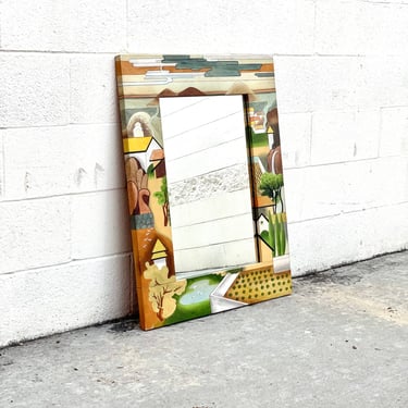 Stained Leather Rectangular Mirror Depicting Coastal Farmhouse by Sarreid Spain, 1980s 