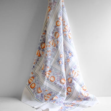 Vintage White Linen Tablecloth 54.5" x 52" with a Floral fruit Pattern in Orange, Purple, Blue, and Yellow 