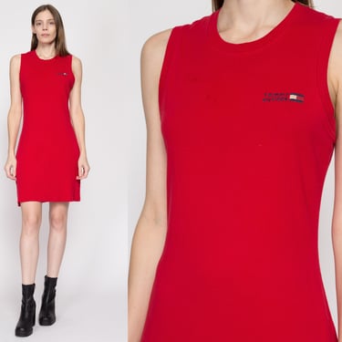 Medium 90s Tommy Hilfiger Red Mini Dress | Vintage Sporty Sleeveless Stretchy Tank Dress 