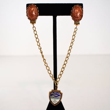 60's copper goldstone in gold tone souvenir sweater clip, enamel Golden Gate charm kitsch collar chain 