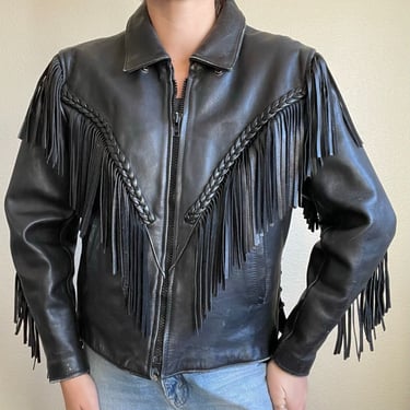 Vintage 90s Womens Black Leather Western Fringe Cropped Biker Moto Zip Jacket 