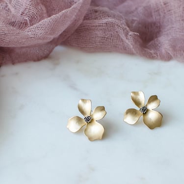 gold flower earrings, matte gold dogwood blossom stud earrings, romantic cottagecore nature woodland gift for her, statement earrings 