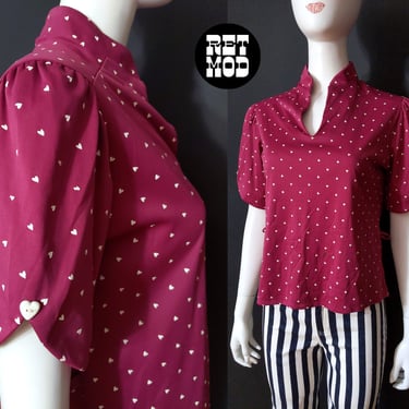 Vintage 70s 80s Maroon Heart Patterned Short Sleeve Button Down Blouse 