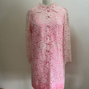 Vintage 60s Mod Hot Pink and White Lace Shift Dress with Bell Sleeves; 60s Mod Micro Mini Spring Dress with Lace Overlay Wingtip Collar M 