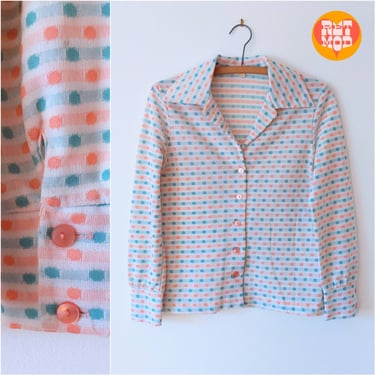 Cute Vintage 70s Long Sleeve Shirt with Pink and Mint Spots - SIZE 10 
