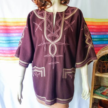 Vintage Guatemalan wool poncho top size large, embroidered 60s batwing hippie bohemian folk loose oversized winter clothes by Mayan Modern 