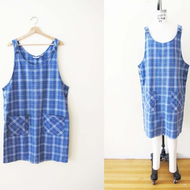 Vintage 90s Blue Plaid Overall Dress L  Linen Cotton  - 1990s Windowpane Plaid Pinafore Shift Dress - Grunge Mini Dress - Patch Pocket Shift 