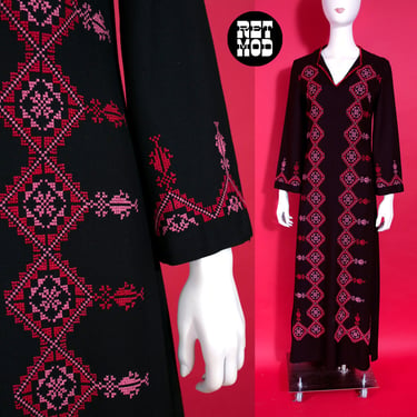 STUNNING Vintage 70s Black Boho Tunic Dress with Red & Pink Geometric Embroidery Cross-Stitch 