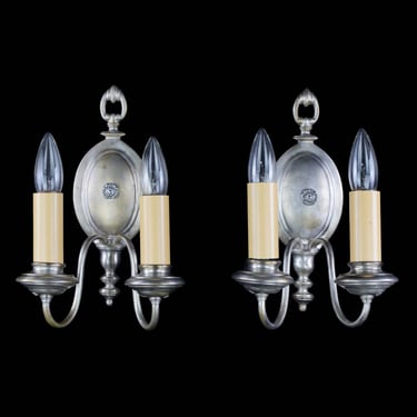 Restored Pair of Colonial Nickeled Brass 2 Arm Wall Sconces
