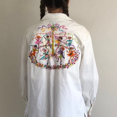 80s Midsommar embroidered blouse / vintage white cotton embroidered Midsommar dancing May pole over shirt blouse | Large 