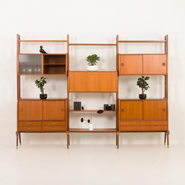 Scandinavian free-standing teak wall unit with 5 cabinets, Norway 1960s 