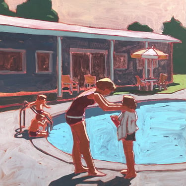 Pool #125 - Original Acrylic Painting on Canvas 20 x 20, woman, swimming, summer, michael van, retro, mcm, girl, children, mother, daughter 