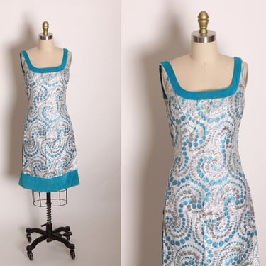 1960s Turquoise Blue and Silver Metallic Sleeveless Velvet Trim Abstract Atomic Swirl Mod Go Go Dress -S 