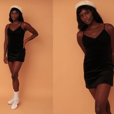 Vintage 1990s Jet Black Velvet Sweetheart Neckline Micro Mini Dress 