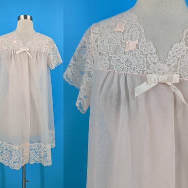 Vintage 60s Shadowline Small Pink Lace Sheer Baby Doll Robe - Sixties A-line Short Sleeve Snap Front Lingerie 
